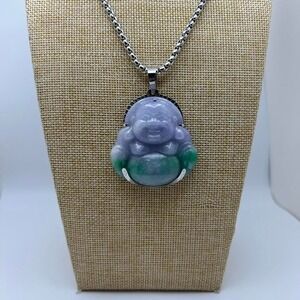 Green & Lavender Jade Laughing Buddha Pendant Necklace‎ w/ Chain